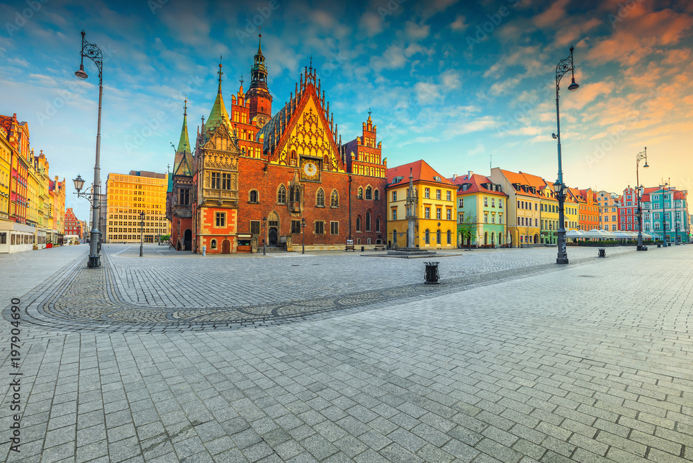 Fantastic morning scene in Wroclaw on Market Square, Poland, Europe - obrazy, fototapety, plakaty 