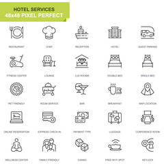 Poster - Simple Set Hotel Service Line Icons for Website and Mobile Apps. Contains such Icons as Restaurant, Room Services, Reception. 48x48 Pixel Perfect. Editable Stroke. Vector illustration.