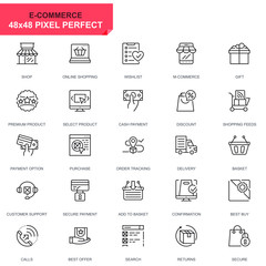 Poster - Simple Set E-Commerce and Shopping Line Icons for Website and Mobile Apps. Contains such Icons as Delivery, Payment, Basket, Customer, Shop. 48x48 Pixel Perfect. Editable Stroke. Vector illustration.