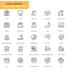 Poster - Simple Set Hotel Services Line Icons for Website and Mobile Apps. Contains such Icons as Luggage, Reception, Room Services, Fitness Center. 48x48 Pixel Perfect. Editable Stroke. Vector illustration.