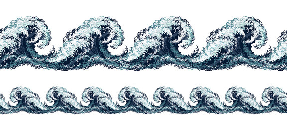 Sea waves. Two horizontal seamless patterns in oriental vintage retro style, hand drawn vector illustration.