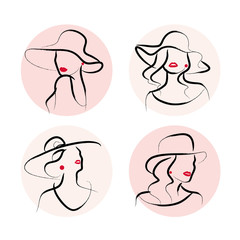 Wall Mural - vector artistic hand drawn stylish young lady portrait set isolated on white background.