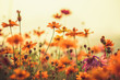 Leinwandbild Motiv Cosmos colorful flower in the field during sunset in spring season. Photo toned style Instagram filters. Nature background