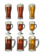 Glass with three types beer. Vintage color vector engraving