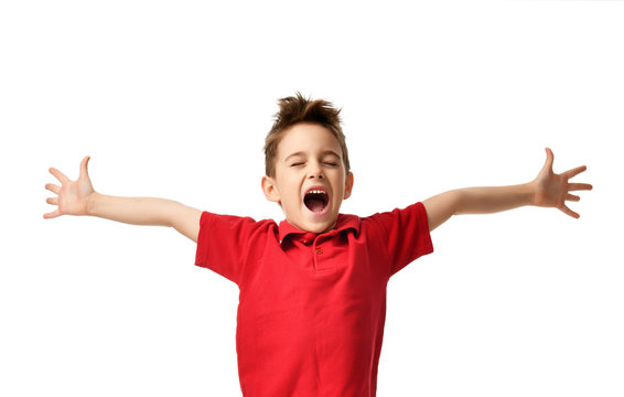 Young boy kid in red polo t-shirt celebrating happy smiling laughing with hands spreading