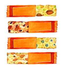 Granola and muesli bars in packaging with different nuts and fruits. Hand drawn watercolor illustration