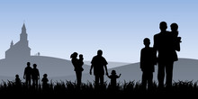 Young People With Children Going To Church Vector Illustration