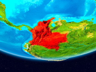 Satellite view of Colombia in red