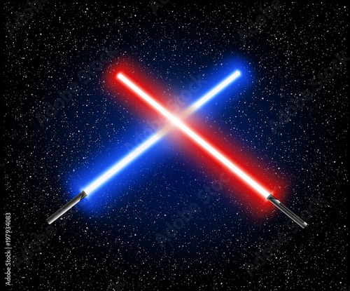 Photographie Two crossed light swords - blue and red crossing laser lightsabers vector illust