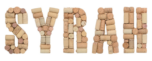 Wall Mural - Grape variety Syrah made of wine corks Isolated on white background