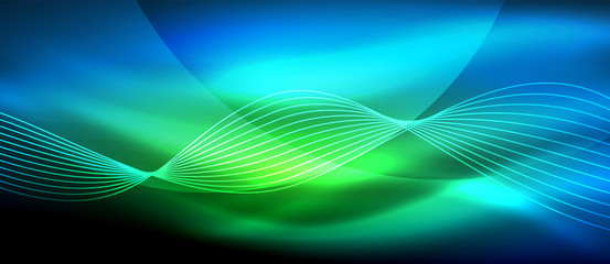 Glowing abstract wave on dark, shiny motion, magic space light. Techno abstract background