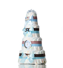 Diapers Cake Four Leveled Diaper Cake With Blue Ribbons And Bows For Baby Boy Infant Isolated