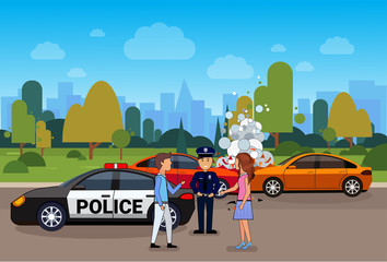 Wall Mural - Car Accident Or Crash, Collision On Road With Male And Female Driver And Police Officer Vector Illustration