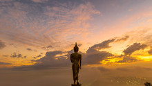 Sunrise, Golden Buddha Statue In Khao Noi Temple, Nan Province, Thailand