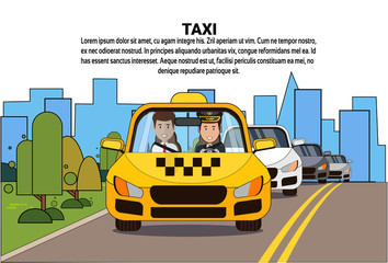 Sticker - Taxi Service Driver And Male Passenger In Yellow Cab Automobile Car Over Silhouette City Background Flat Vector Illustration