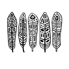 Sticker - Ethnic Feathers Set. Hand drawn vector illustration. Design element