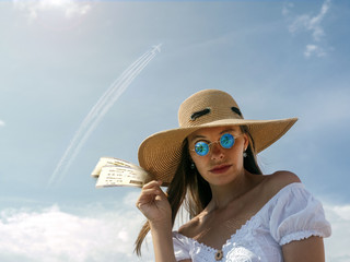 Wall Mural - Girl, sky, plane, travel, tickets