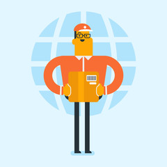 Canvas Print - Young caucasian white man holding box with parcel on the background of world globe. International delivery service and global business concept. Vector cartoon illustration. Square layout