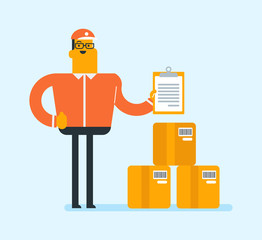 Canvas Print - Young caucasian white delivery man checking parcel with the list in clipboard. Man preparing parcel box for dispatch in warehouse. Business service concept. Vector cartoon illustration. Square layout.