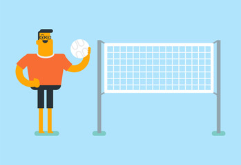 Canvas Print - Young caucasian white sportsman playing volleyball on the court with net. Happy smiling sportsman holding volleyball ball in hands. Concept of sport and physical activity. Vector cartoon illustration.