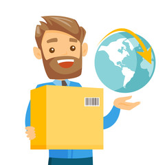 Sticker - Young caucasian white woman holding box with parcel and world globe. International delivery service and global business concept. Vector cartoon illustration isolated on white background. Square layout