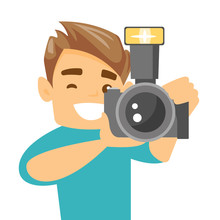 Female Photographer Taking A Photo. Young Photographer Taking A Picture. Caucasian Photographer Working With Digital Camera. Vector Cartoon Illustration. Square Layout.