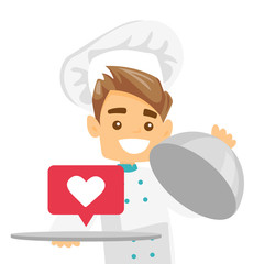 Sticker - Caucasian waitress carrying tray with social network like button. Waitress holding restaurant tray with like button. Waitress with social network button. Vector cartoon illustration. Square layout