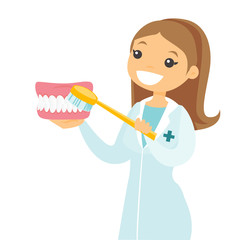 Poster - Caucasian white dentist showing toothpaste and a toothbrush while standing next to a shining healthy tooth. Dentistry, medicine and tooth care concept. Vector cartoon illustration. Square layout.