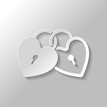 Linked Hearts, Lock Icon. Paper Style With Shadow On Gray Background
