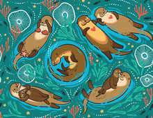Vector Seamless Pattern With Cute Lovely Otters In The Sea. Decorative Surface Background