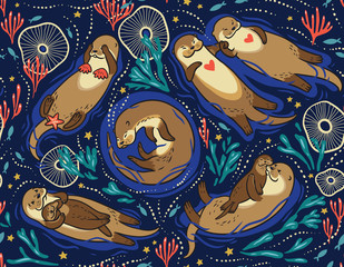 Sticker - Vector seamless pattern with cute lovely otters in the sea. Decorative surface background