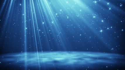 Wall Mural - Blue particles and stars flying in light rays