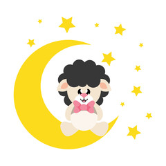 Wall Mural - cartoon cute sheep black with tie sitting on the moon