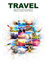 Background With Many Photos From Vacation From Different Parts Of The World With  Effect Of Splashes On White Background. Design, Advertising, Concept
