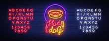 Hot Dog Logo In Neon Style Design Template. Hot Dog Neon Signs, Light Banner, Neon Symbol Fast Food Emblem, American Food, Bright Night Advertising. Vector Illustration. Editing Text Neon Sign