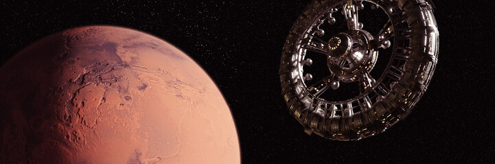 huge space station in orbit of the red planet mars