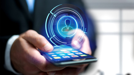 Wall Mural - businessman using a smartphone with a shinny technologic network contact button - 3d render