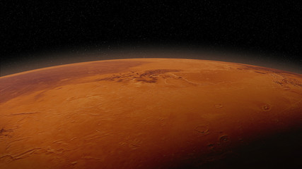 Wall Mural - red planet mars in natural colors, surface close up with visible atmosphere