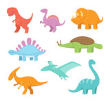 Fototapeta Dinusie - Cartoon set of funny dinosaurs. Vector pictures of prehistoric period
