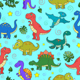 Fototapeta Dinusie - Seamless pattern with colorful dinosaurs and leaves, animals on blue background