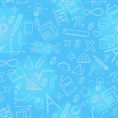 Wall Mural - Seamless background with simple icons on the theme of mathematics and learning , bright outline on a blue background