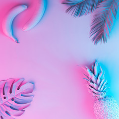 Wall Mural - tropical fruits and palm leaves in vibrant bold gradient holographic neon colors. concept art. minim