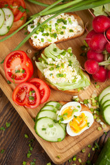 Summer sandwiches ingredients - cucumber, radish, tomato, mozzarella and eggs, white wood background, top view