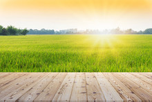 Perspective Brown Wooden Board Empty Table In Front Of Paddy Field In Morning Time With Sunlight On Background - Can Be Used For Display Or Montage Your Products.Mock Up For Display Of Product.