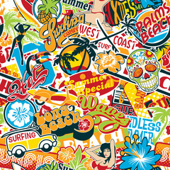 Wall Mural - vintage summer surfing beach stickers patchwork vector seamless pattern wallpaper