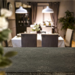 Wall Mural - empty counter top with copy space for products against the background of a table in dining room inte