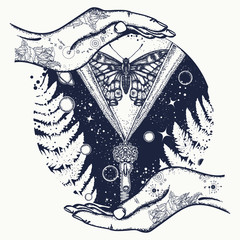 Wall Mural - Surreal Universe, planet and star t-shirt design. Universe and butterfly tattoo art. Symbol of esoterics, mysticism, astrology, dream