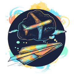 Wall Mural - Symbol imagination, dream, motivation, creative art tattoo. Dream tattoo and t-shirt design. Paper plane dreams to become the big plane. Follow Dreams concept