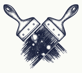 Wall Mural - Crossed brushes. Brush draws universe tattoo and t-shirt design. Symbol of space, universe,dream, imagination, creative idea art poster. Symbol of inspiration and sincere freedom