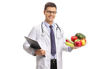 Poster - Doctor holding a clipboard and a plate of vegetables and fruit